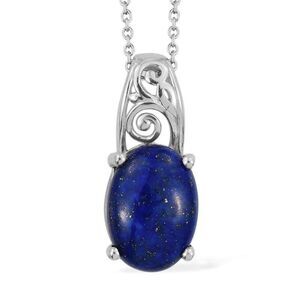 Lapis Lazuli Solitaire Pendant Necklace 20 Inches in Platinum Bond and Stainless